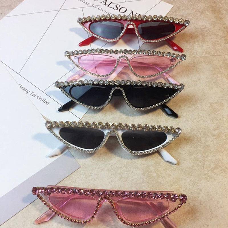 Luxury Glasses Women's Cat Eye Sunglasses Mosaic Diamond Pink Drill Flat Frame Ladies Sunglasses Hight Quality Sexy Retro