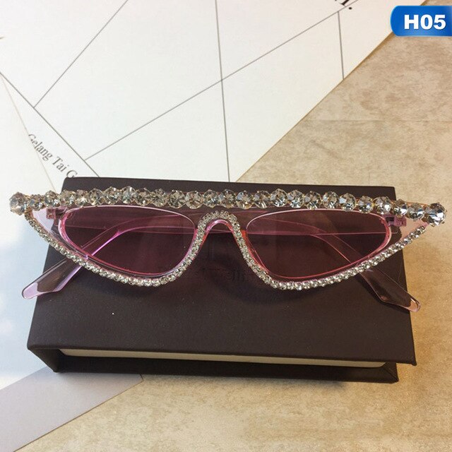 Luxury Glasses Women's Cat Eye Sunglasses Mosaic Diamond Pink Drill Flat Frame Ladies Sunglasses Hight Quality Sexy Retro